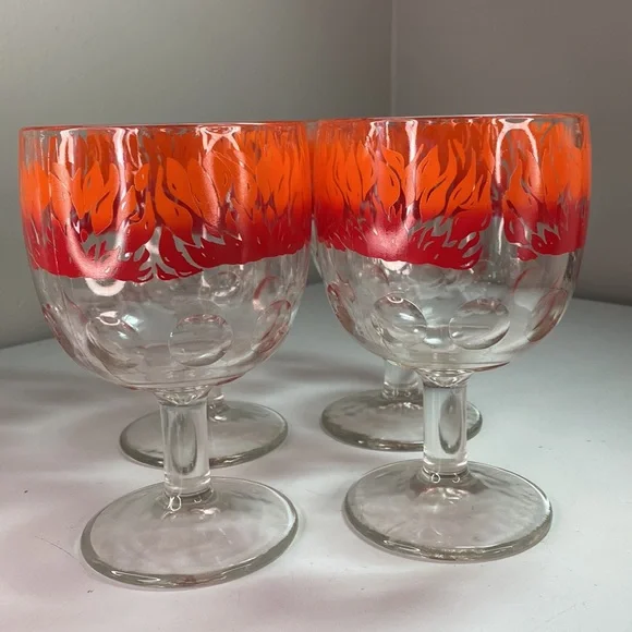 Vintage Set of Four Thumbprint Ring of Fire Chalice Glasses Drinkware